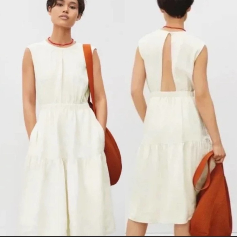Everlane Tiered Linen Sleeveless Midi Dress Open Back Fit and Flare Ivory New 0